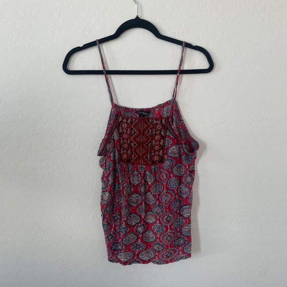 Embroidered Stretch Linen Blend Aztec Print Hipster Hippie Boho Halter Cami Top - Picture 3 of 7